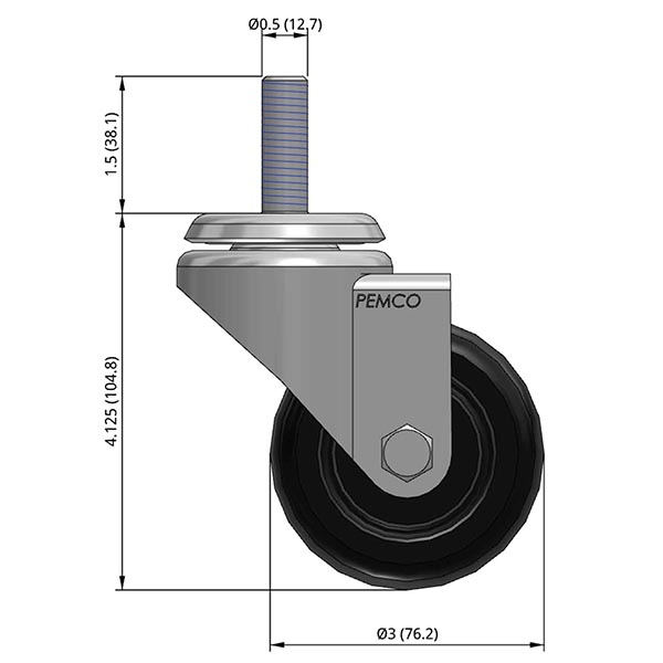 Side view drawing of caster with dimensions